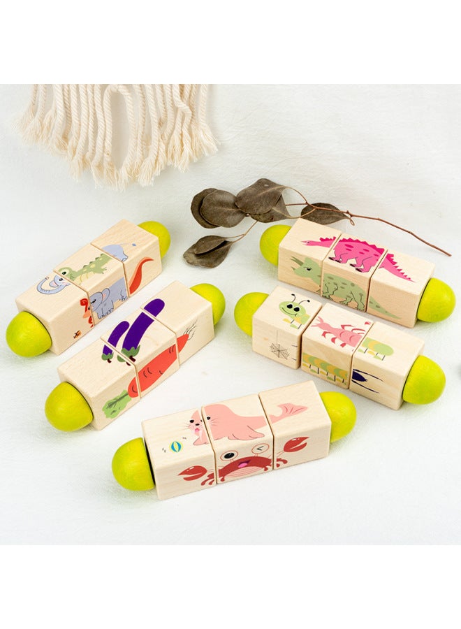 لعبة ألغاز دوارة خشبية للأطفال - مكعبات بناء حيوانات للتعليم المبكر - للأطفال من 0-3 سنوات - تتضمن خمسة قطع من الألغاز الدوارة (حجم صغير) - Image 4